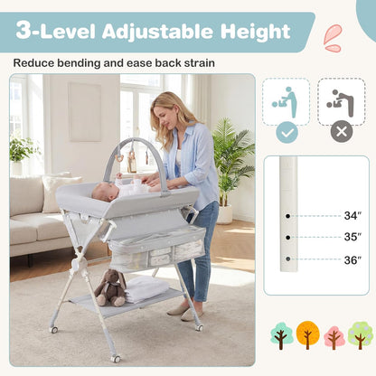 Portable Baby Changing Table, Foldable Diaper Changing Station with Wheels, Adjustable Height, Large Storage Rack, Removable Activity Arch, Mobile Nursery Organizer for Newborn Infant (Black)