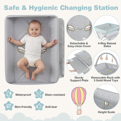 Portable Baby Changing Table, Foldable Diaper Changing Station with Wheels, Adjustable Height, Large Storage Rack, Removable Activity Arch, Mobile Nursery Organizer for Newborn Infant (Black)