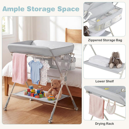 Portable Baby Changing Table, Foldable Diaper Changing Station with Wheels, Adjustable Height, Large Storage Rack, Removable Activity Arch, Mobile Nursery Organizer for Newborn Infant (Black)