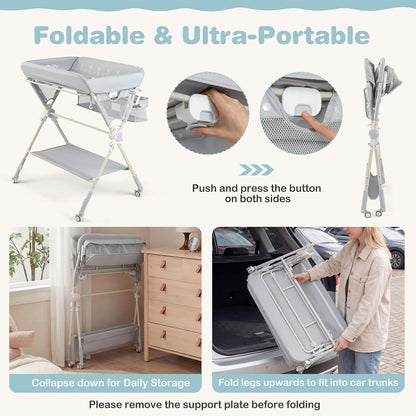 Portable Baby Changing Table, Foldable Diaper Changing Station with Wheels, Adjustable Height, Large Storage Rack, Removable Activity Arch, Mobile Nursery Organizer for Newborn Infant (Black)