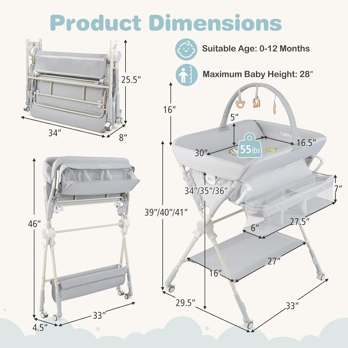 Portable Baby Changing Table, Foldable Diaper Changing Station with Wheels, Adjustable Height, Large Storage Rack, Removable Activity Arch, Mobile Nursery Organizer for Newborn Infant (Black)