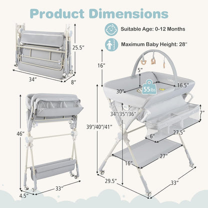 Portable Baby Changing Table, Foldable Diaper Changing Station with Wheels, Adjustable Height, Large Storage Rack, Removable Activity Arch, Mobile Nursery Organizer for Newborn Infant (Black)