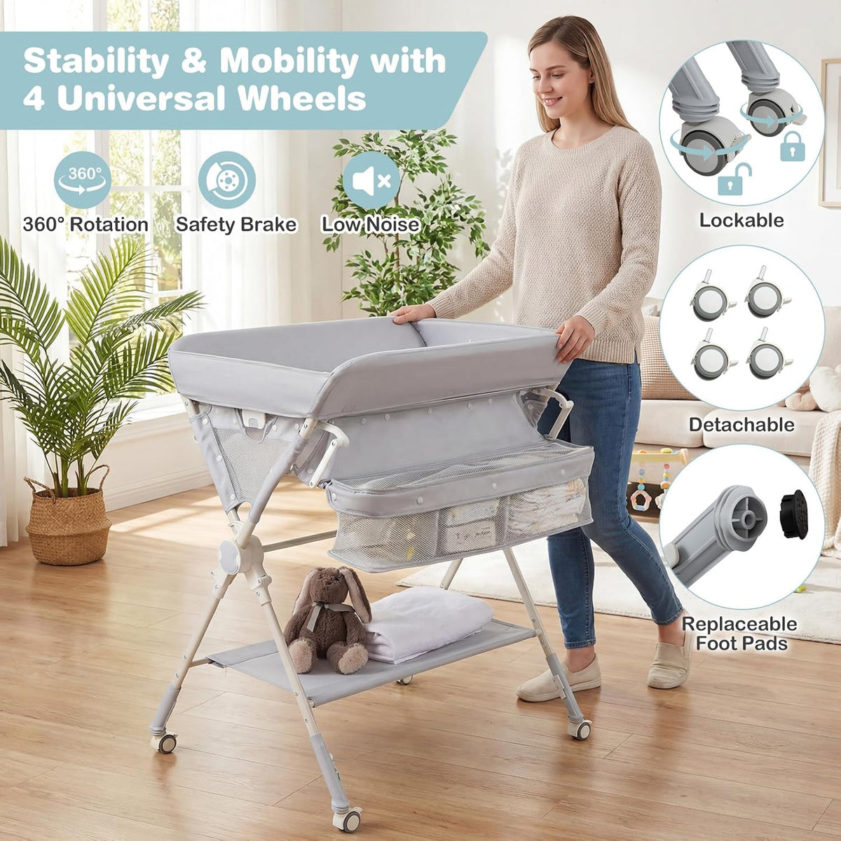 Portable Baby Changing Table, Foldable Diaper Changing Station with Wheels, Adjustable Height, Large Storage Rack, Removable Activity Arch, Mobile Nursery Organizer for Newborn Infant (Black)