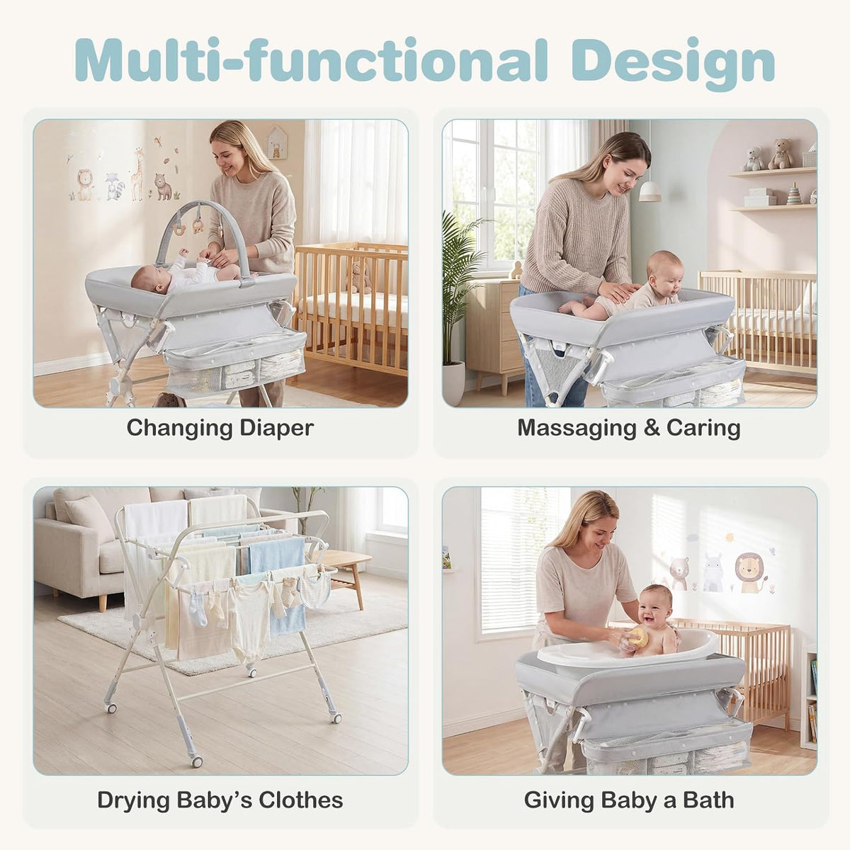 Portable Baby Changing Table, Foldable Diaper Changing Station with Wheels, Adjustable Height, Large Storage Rack, Removable Activity Arch, Mobile Nursery Organizer for Newborn Infant (Black)