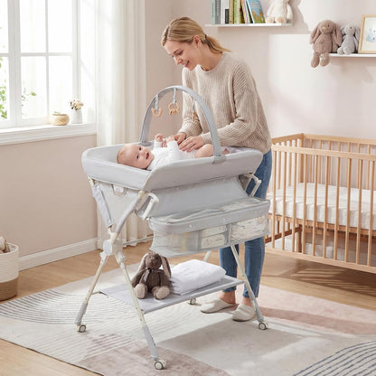 Portable Baby Changing Table, Foldable Diaper Changing Station with Wheels, Adjustable Height, Large Storage Rack, Removable Activity Arch, Mobile Nursery Organizer for Newborn Infant (Black)
