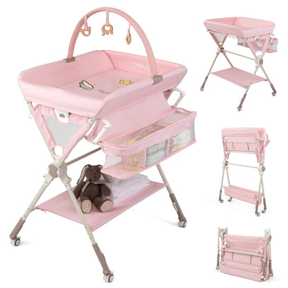 Portable Baby Changing Table, Foldable Diaper Changing Station with Wheels, Adjustable Height, Large Storage Rack, Removable Activity Arch, Mobile Nursery Organizer for Newborn Infant (Black)