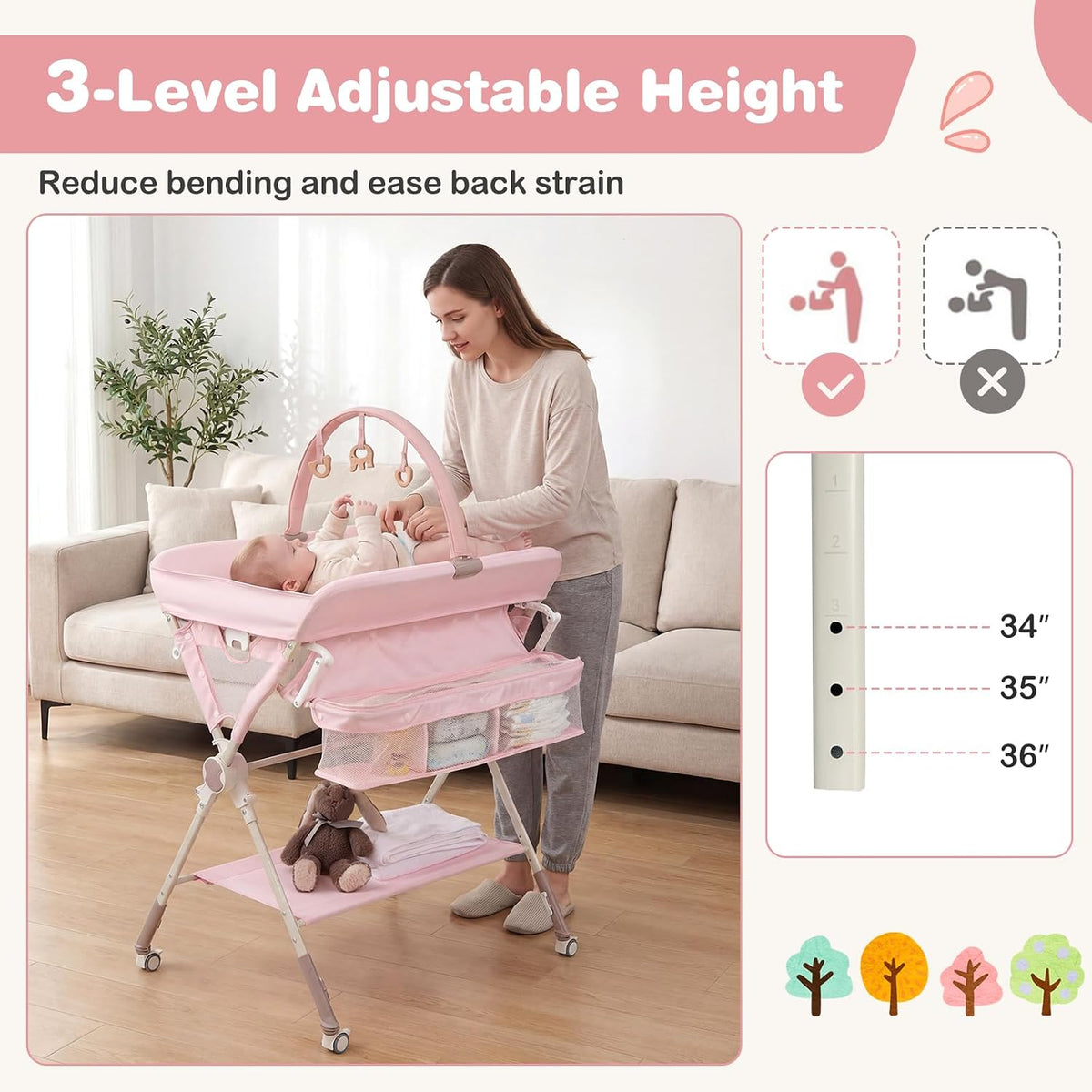Portable Baby Changing Table, Foldable Diaper Changing Station with Wheels, Adjustable Height, Large Storage Rack, Removable Activity Arch, Mobile Nursery Organizer for Newborn Infant (Black)