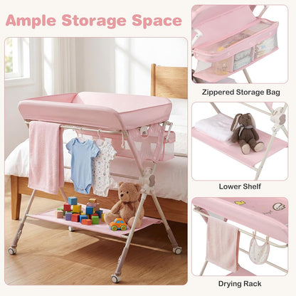 Portable Baby Changing Table, Foldable Diaper Changing Station with Wheels, Adjustable Height, Large Storage Rack, Removable Activity Arch, Mobile Nursery Organizer for Newborn Infant (Black)
