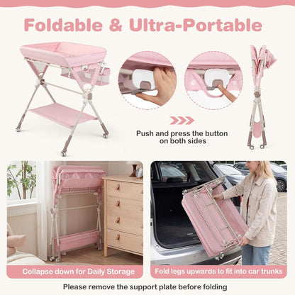 Portable Baby Changing Table, Foldable Diaper Changing Station with Wheels, Adjustable Height, Large Storage Rack, Removable Activity Arch, Mobile Nursery Organizer for Newborn Infant (Black)