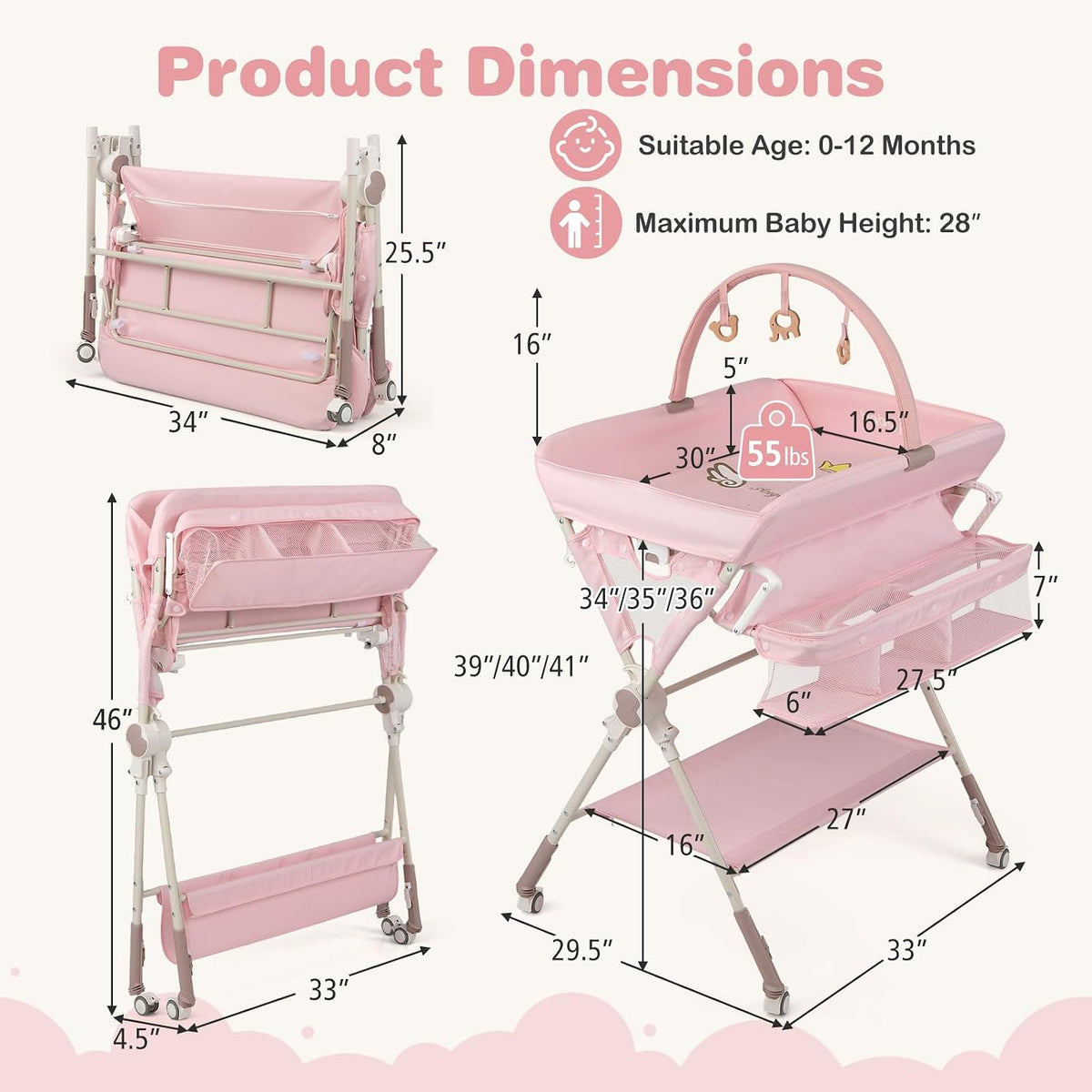 Portable Baby Changing Table, Foldable Diaper Changing Station with Wheels, Adjustable Height, Large Storage Rack, Removable Activity Arch, Mobile Nursery Organizer for Newborn Infant (Black)