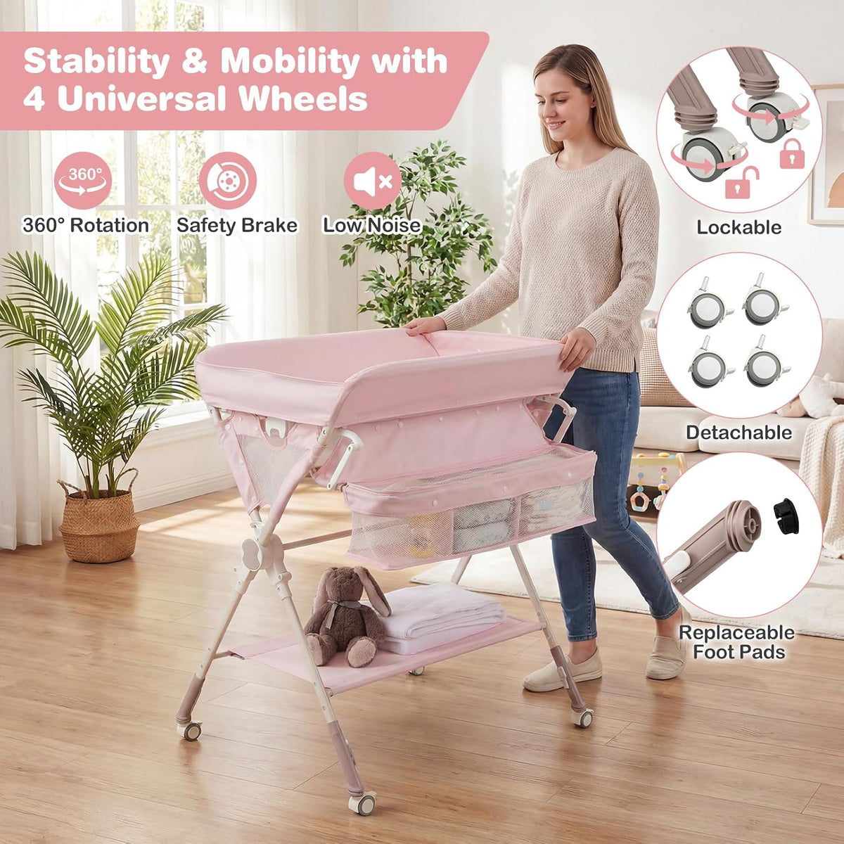 Portable Baby Changing Table, Foldable Diaper Changing Station with Wheels, Adjustable Height, Large Storage Rack, Removable Activity Arch, Mobile Nursery Organizer for Newborn Infant (Black)