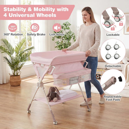 Portable Baby Changing Table, Foldable Diaper Changing Station with Wheels, Adjustable Height, Large Storage Rack, Removable Activity Arch, Mobile Nursery Organizer for Newborn Infant (Black)
