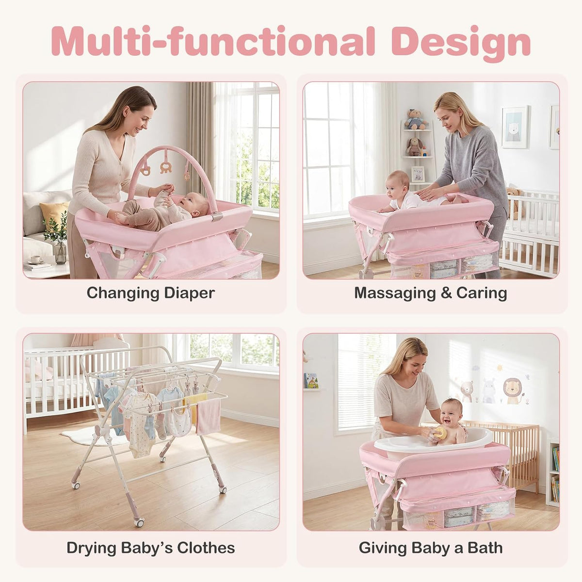 Portable Baby Changing Table, Foldable Diaper Changing Station with Wheels, Adjustable Height, Large Storage Rack, Removable Activity Arch, Mobile Nursery Organizer for Newborn Infant (Black)