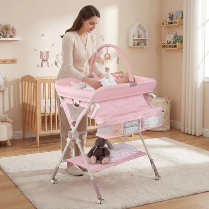 Portable Baby Changing Table, Foldable Diaper Changing Station with Wheels, Adjustable Height, Large Storage Rack, Removable Activity Arch, Mobile Nursery Organizer for Newborn Infant (Black)