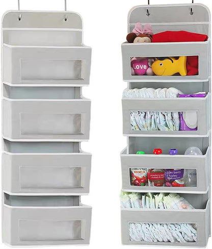 Foldable Hanging Organizer with 4 Pockets - Over Door/Wall Mount Storage for Nursery, Closet, Bathroom - Durable Non-Toxic Material, L-Shaped Hooks, Space-Saving