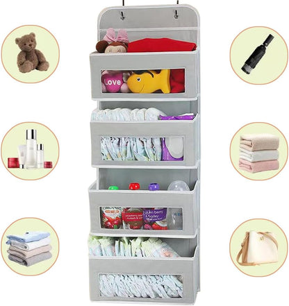 Foldable Hanging Organizer with 4 Pockets - Over Door/Wall Mount Storage for Nursery, Closet, Bathroom - Durable Non-Toxic Material, L-Shaped Hooks, Space-Saving