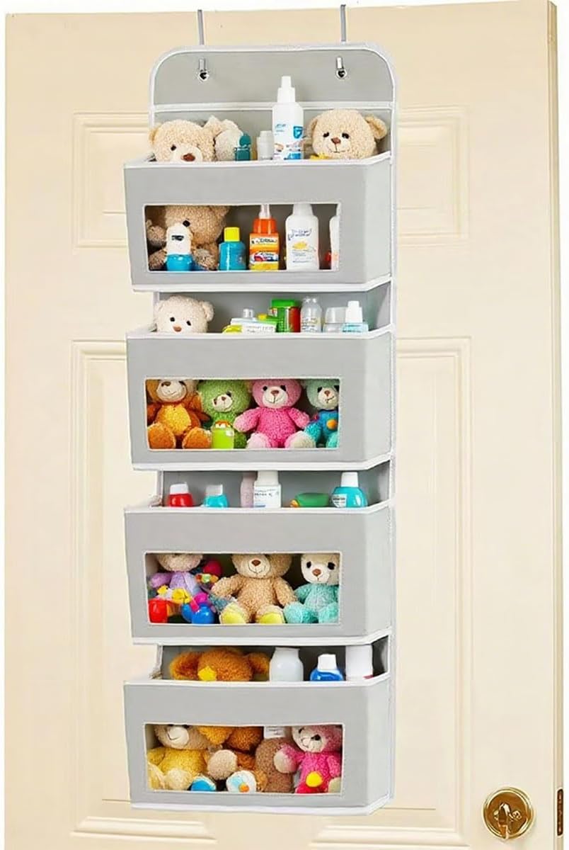 Foldable Hanging Organizer with 4 Pockets - Over Door/Wall Mount Storage for Nursery, Closet, Bathroom - Durable Non-Toxic Material, L-Shaped Hooks, Space-Saving