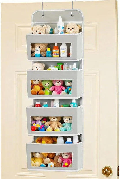 Foldable Hanging Organizer with 4 Pockets - Over Door/Wall Mount Storage for Nursery, Closet, Bathroom - Durable Non-Toxic Material, L-Shaped Hooks, Space-Saving
