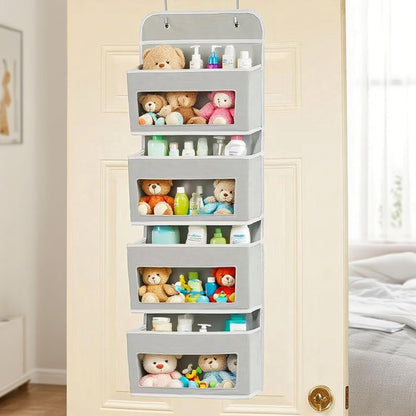 Foldable Hanging Organizer with 4 Pockets - Over Door/Wall Mount Storage for Nursery, Closet, Bathroom - Durable Non-Toxic Material, L-Shaped Hooks, Space-Saving