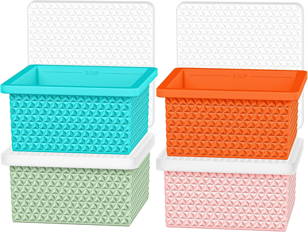 Silicone Freezer Molds for Soup Cube - 2-Cup Freezer Storage Container Tray with Lid,4 Pack Stackable Ice Cube Trays for Portion Control,Food Storage & Meal Prep (Lake Blue+Dark Gray+Orange+Yellow)