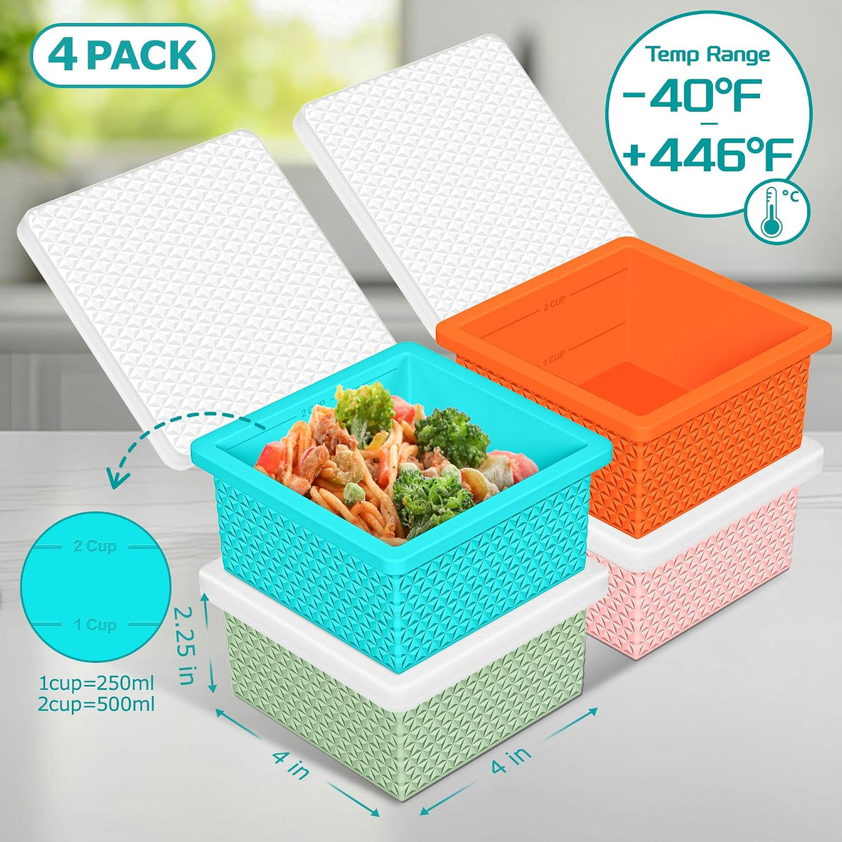 Silicone Freezer Molds for Soup Cube - 2-Cup Freezer Storage Container Tray with Lid,4 Pack Stackable Ice Cube Trays for Portion Control,Food Storage & Meal Prep (Lake Blue+Dark Gray+Orange+Yellow)