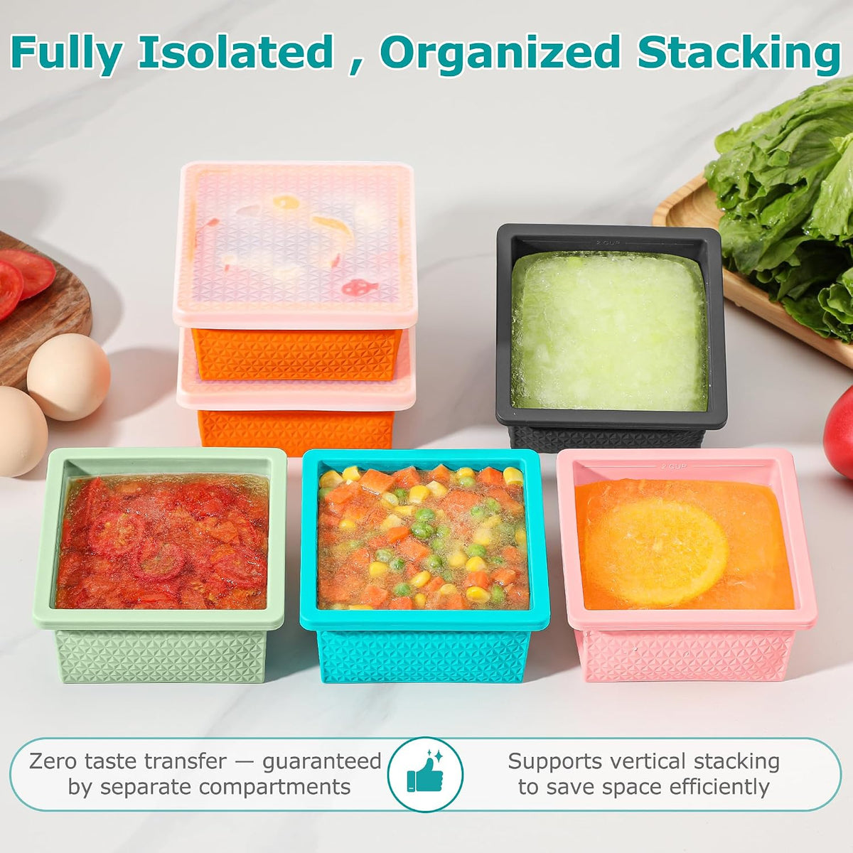 Silicone Freezer Molds for Soup Cube - 2-Cup Freezer Storage Container Tray with Lid,4 Pack Stackable Ice Cube Trays for Portion Control,Food Storage & Meal Prep (Lake Blue+Dark Gray+Orange+Yellow)