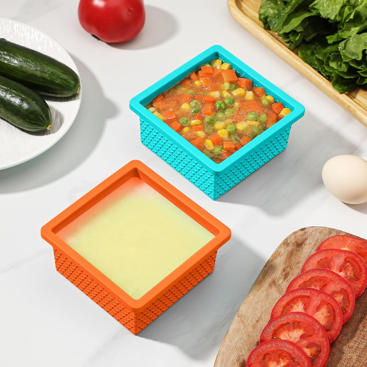Silicone Freezer Molds for Soup Cube - 2-Cup Freezer Storage Container Tray with Lid,4 Pack Stackable Ice Cube Trays for Portion Control,Food Storage & Meal Prep (Lake Blue+Dark Gray+Orange+Yellow)