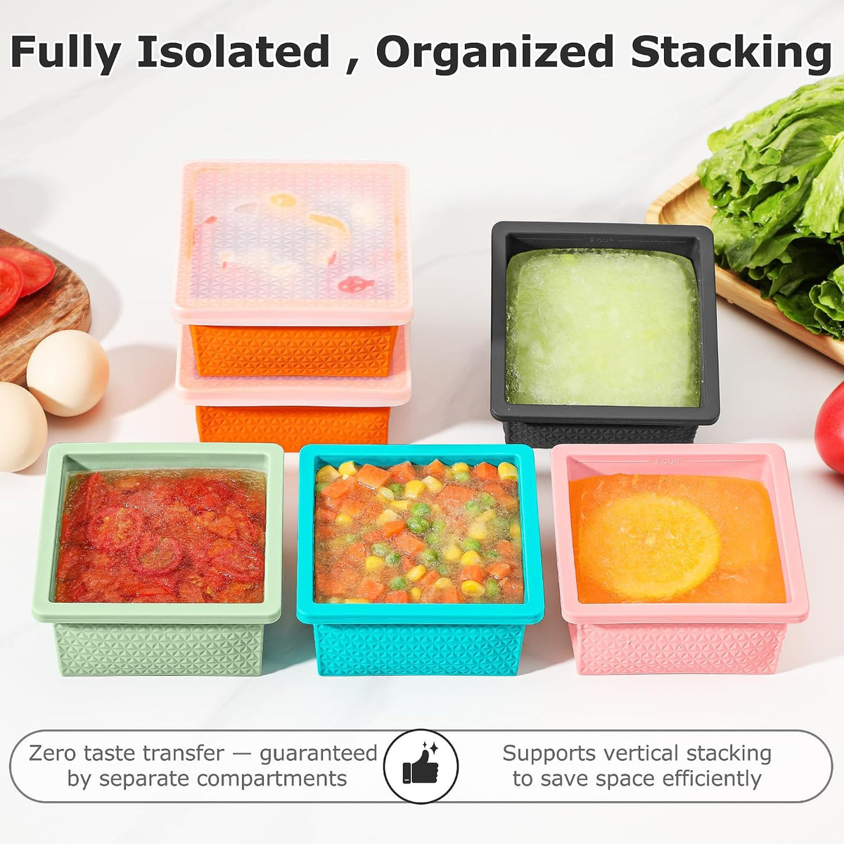 Silicone Freezer Molds for Soup Cube - 2-Cup Freezer Storage Container Tray with Lid,4 Pack Stackable Ice Cube Trays for Portion Control,Food Storage & Meal Prep (Lake Blue+Dark Gray+Orange+Yellow)