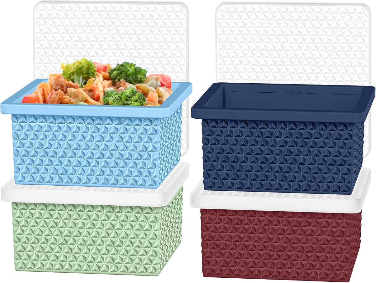 Silicone Freezer Molds for Soup Cube - 2-Cup Freezer Storage Container Tray with Lid,4 Pack Stackable Ice Cube Trays for Portion Control,Food Storage & Meal Prep (Lake Blue+Dark Gray+Orange+Yellow)