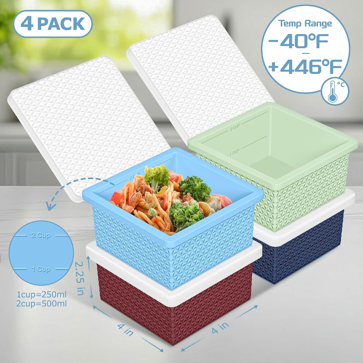Silicone Freezer Molds for Soup Cube - 2-Cup Freezer Storage Container Tray with Lid,4 Pack Stackable Ice Cube Trays for Portion Control,Food Storage & Meal Prep (Lake Blue+Dark Gray+Orange+Yellow)