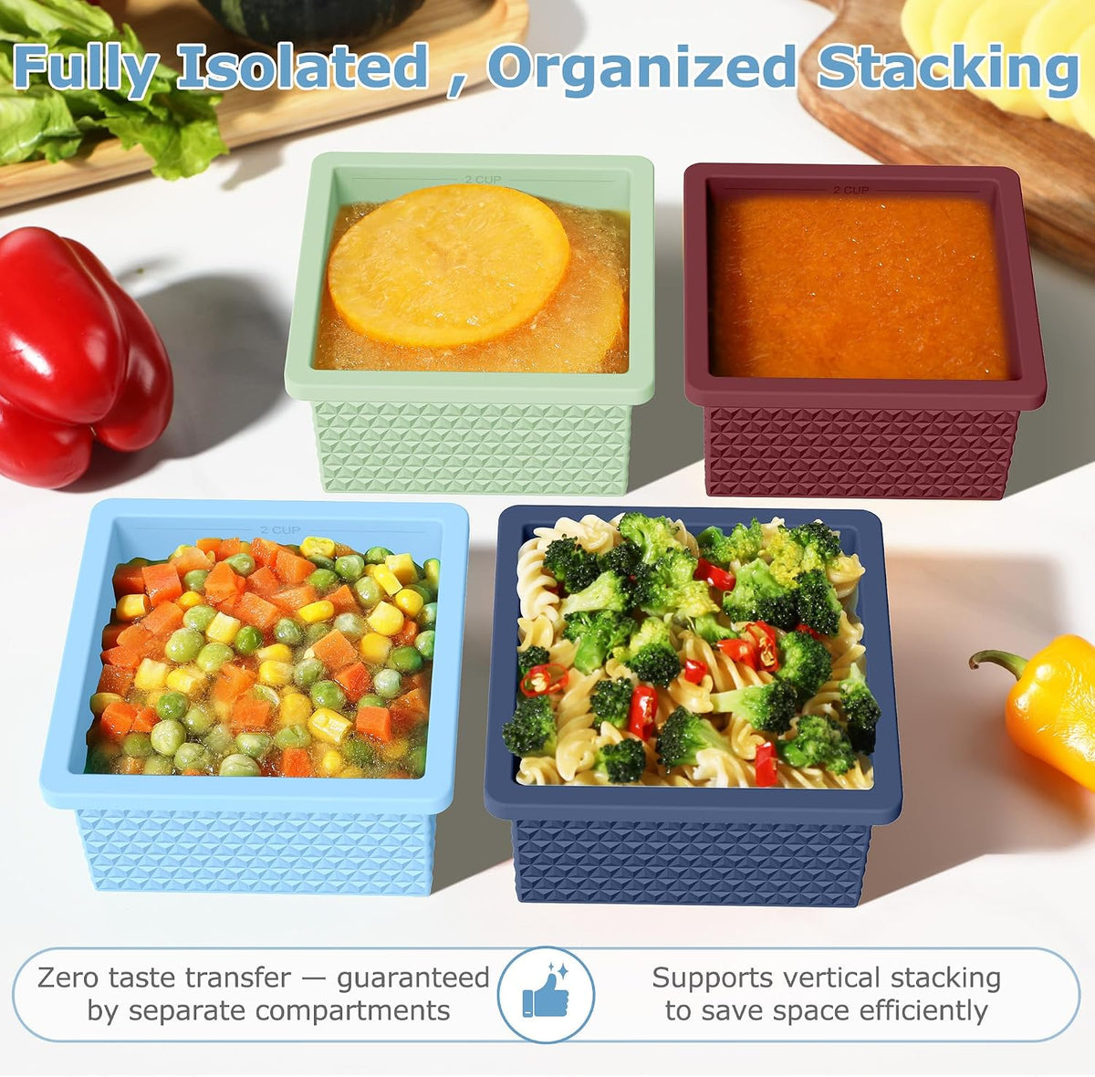 Silicone Freezer Molds for Soup Cube - 2-Cup Freezer Storage Container Tray with Lid,4 Pack Stackable Ice Cube Trays for Portion Control,Food Storage & Meal Prep (Lake Blue+Dark Gray+Orange+Yellow)