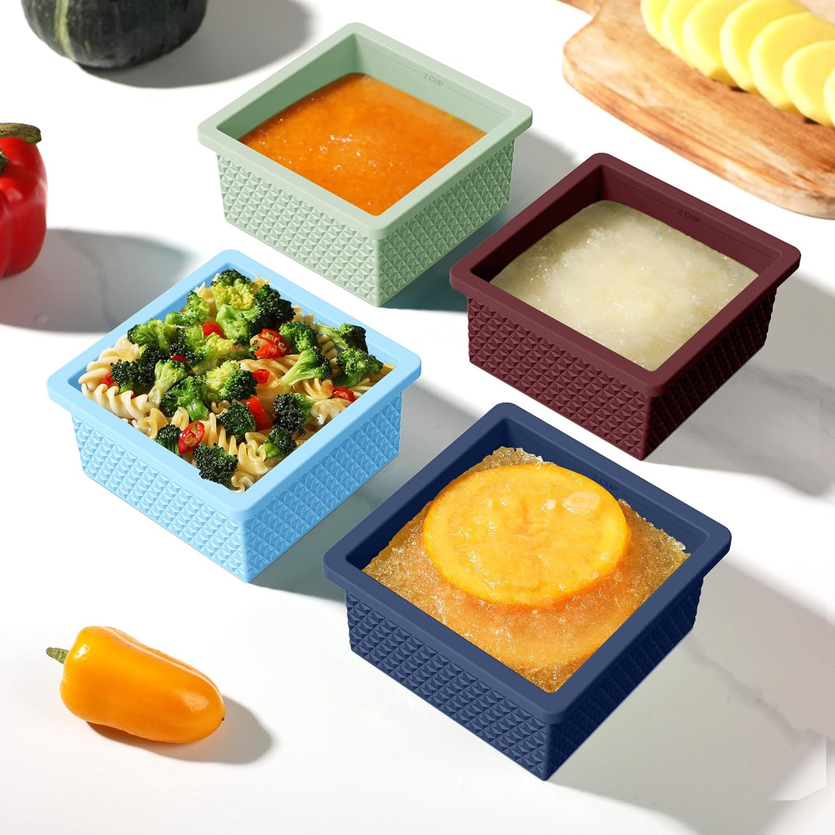 Silicone Freezer Molds for Soup Cube - 2-Cup Freezer Storage Container Tray with Lid,4 Pack Stackable Ice Cube Trays for Portion Control,Food Storage & Meal Prep (Lake Blue+Dark Gray+Orange+Yellow)