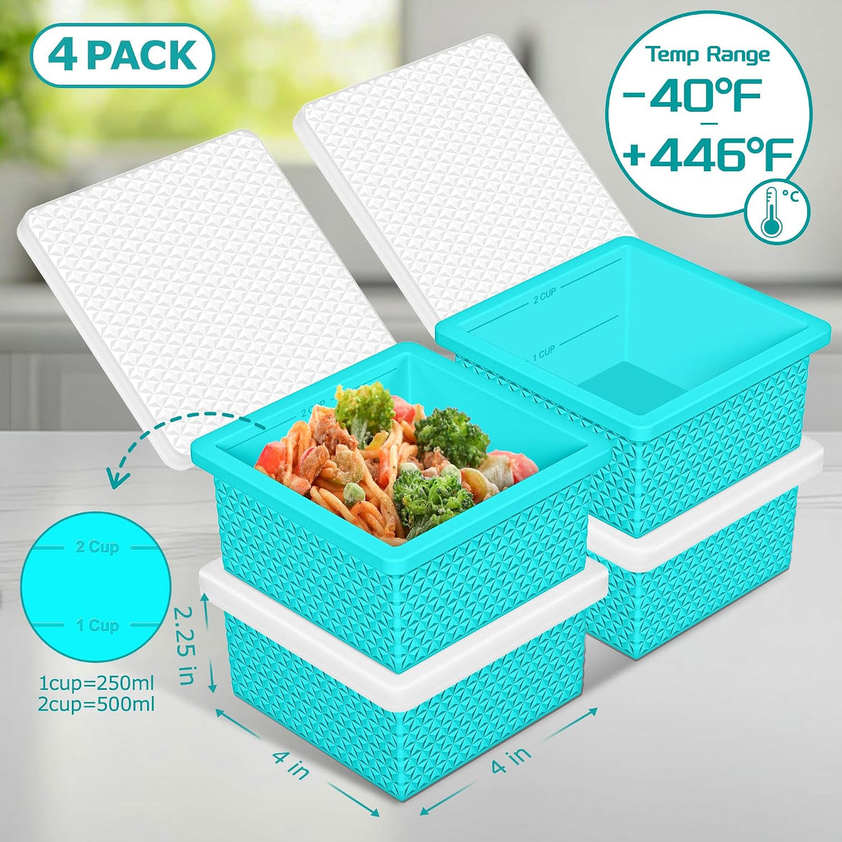 Silicone Freezer Molds for Soup Cube - 2-Cup Freezer Storage Container Tray with Lid,4 Pack Stackable Ice Cube Trays for Portion Control,Food Storage & Meal Prep (Lake Blue+Dark Gray+Orange+Yellow)
