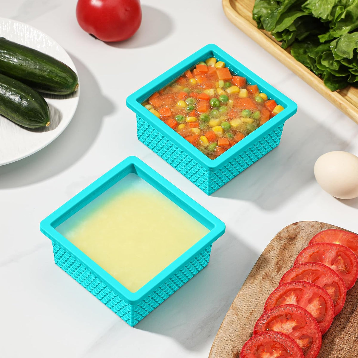 Silicone Freezer Molds for Soup Cube - 2-Cup Freezer Storage Container Tray with Lid,4 Pack Stackable Ice Cube Trays for Portion Control,Food Storage & Meal Prep (Lake Blue+Dark Gray+Orange+Yellow)