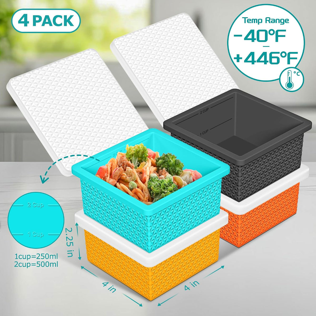 Silicone Freezer Molds for Soup Cube - 2-Cup Freezer Storage Container Tray with Lid,4 Pack Stackable Ice Cube Trays for Portion Control,Food Storage & Meal Prep (Lake Blue+Dark Gray+Orange+Yellow)