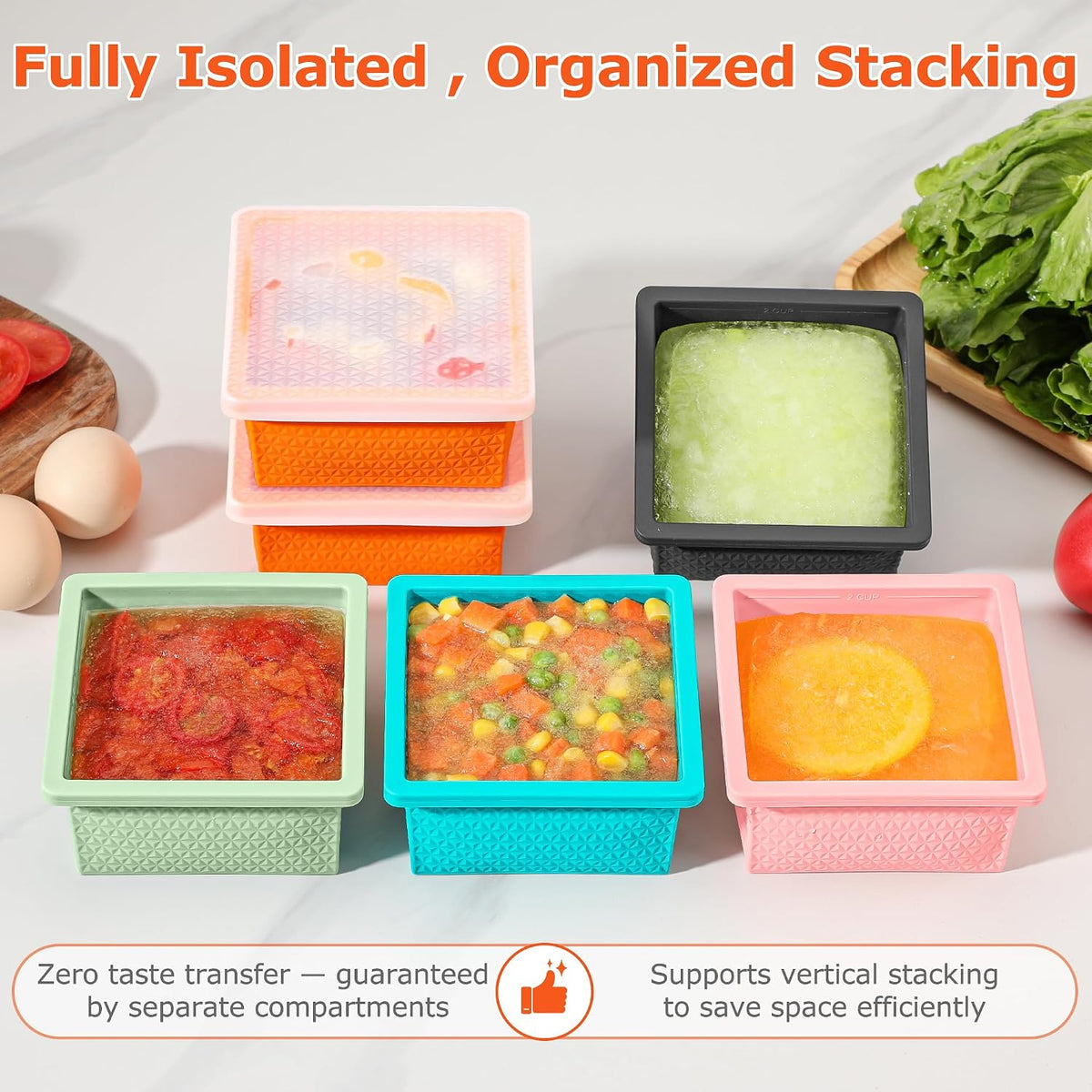 Silicone Freezer Molds for Soup Cube - 2-Cup Freezer Storage Container Tray with Lid,4 Pack Stackable Ice Cube Trays for Portion Control,Food Storage & Meal Prep (Lake Blue+Dark Gray+Orange+Yellow)