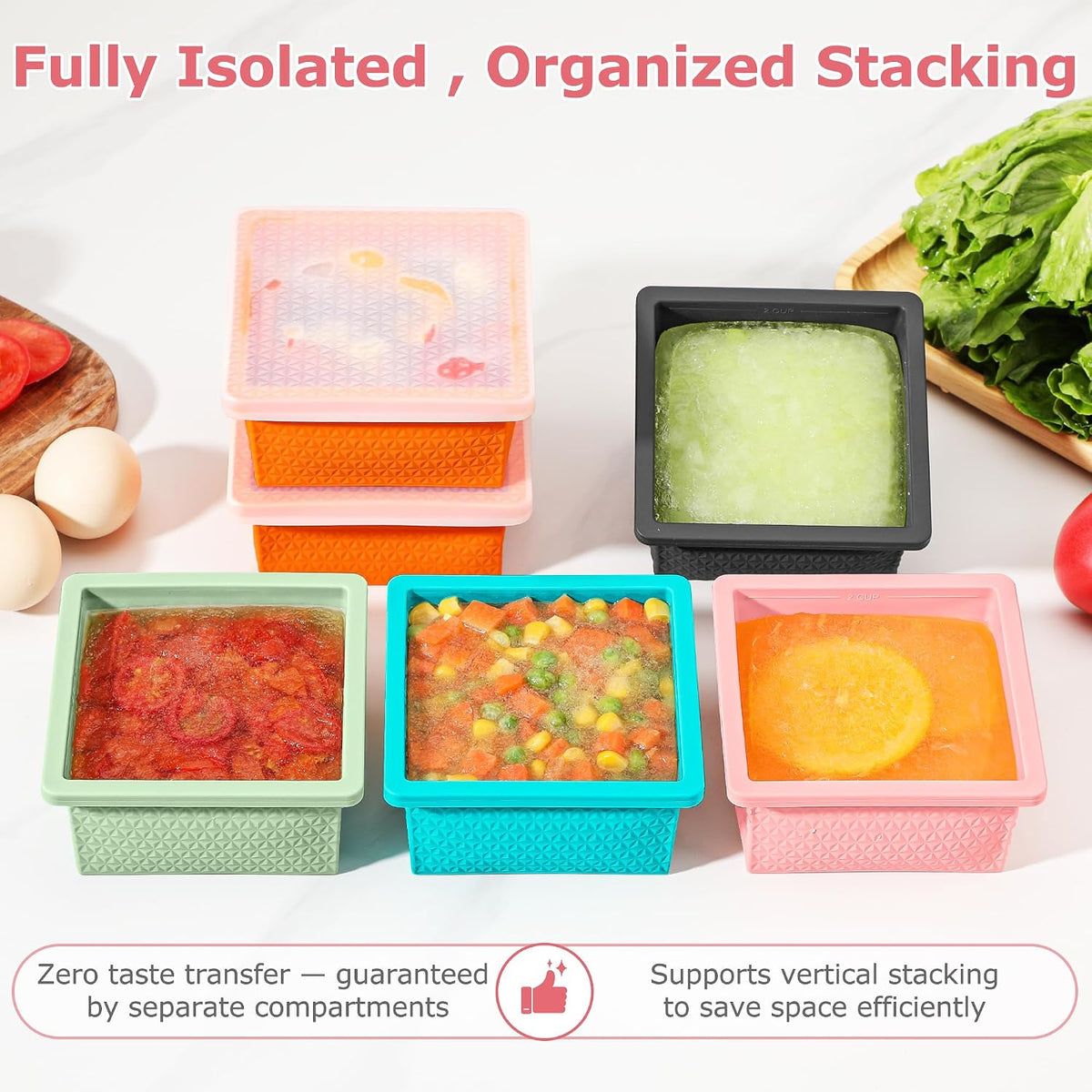Silicone Freezer Molds for Soup Cube - 2-Cup Freezer Storage Container Tray with Lid,4 Pack Stackable Ice Cube Trays for Portion Control,Food Storage & Meal Prep (Lake Blue+Dark Gray+Orange+Yellow)