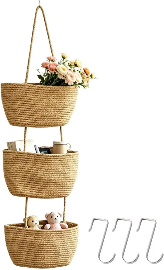 Woven Cotton 3-Tier Over The Door Basket, Wall Mounted Woven Hanging Basket with Hooks, Racks Hanging Organizer for Organizing Living Room, Bathroom, Bedroom Boho Wall Decor (White+Green)