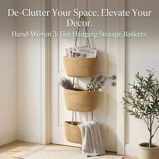 Woven Cotton 3-Tier Over The Door Basket, Wall Mounted Woven Hanging Basket with Hooks, Racks Hanging Organizer for Organizing Living Room, Bathroom, Bedroom Boho Wall Decor (White+Green)