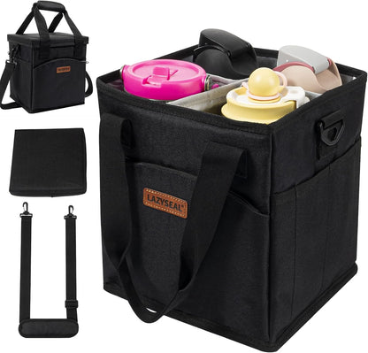 Reusable Drink Carrier with Handle, 4 Cup Capacity, Black | Foldable, reinforced bottom, multiple storage pockets, comes with shoulder strap and insulated lid