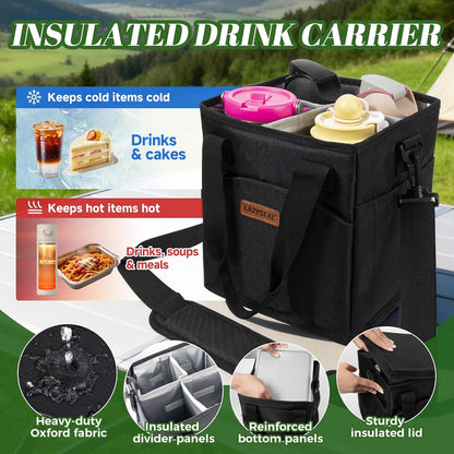 Reusable Drink Carrier with Handle, 4 Cup Capacity, Black | Foldable, reinforced bottom, multiple storage pockets, comes with shoulder strap and insulated lid