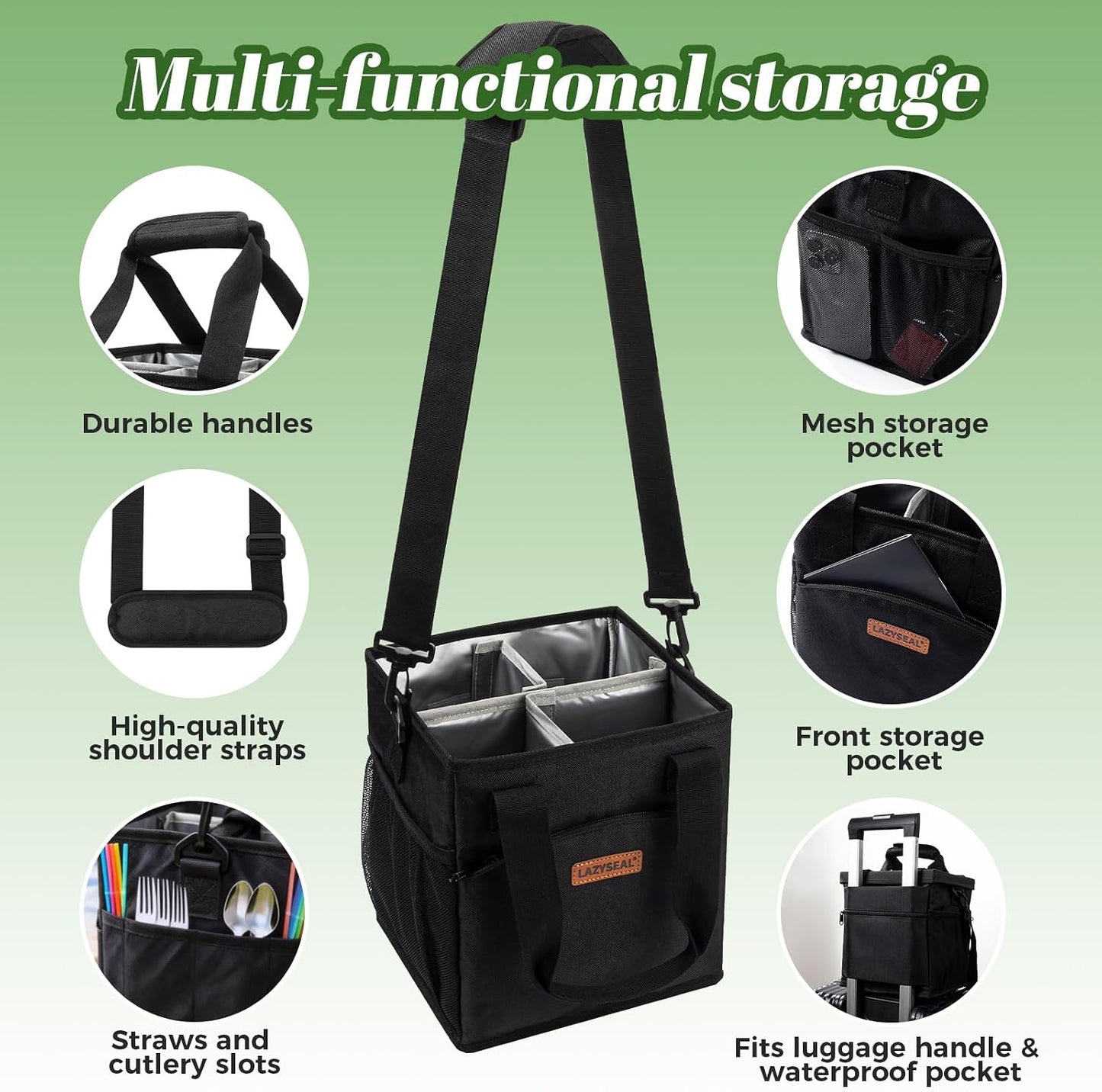 Reusable Drink Carrier with Handle, 4 Cup Capacity, Black | Foldable, reinforced bottom, multiple storage pockets, comes with shoulder strap and insulated lid