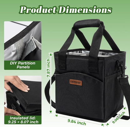 Reusable Drink Carrier with Handle, 4 Cup Capacity, Black | Foldable, reinforced bottom, multiple storage pockets, comes with shoulder strap and insulated lid