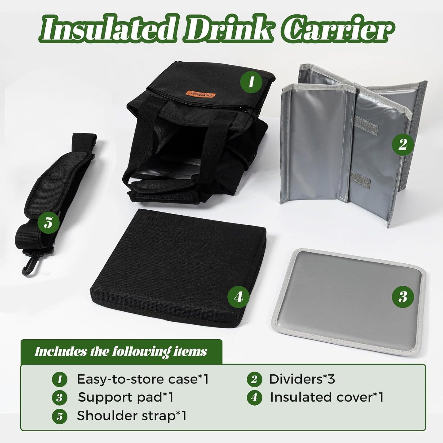 Reusable Drink Carrier with Handle, 4 Cup Capacity, Black | Foldable, reinforced bottom, multiple storage pockets, comes with shoulder strap and insulated lid