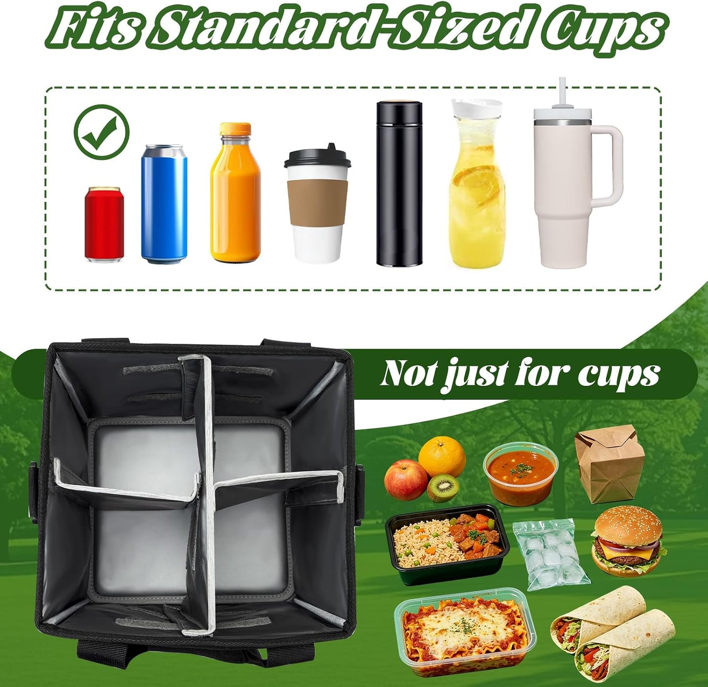 Reusable Drink Carrier with Handle, 4 Cup Capacity, Black | Foldable, reinforced bottom, multiple storage pockets, comes with shoulder strap and insulated lid