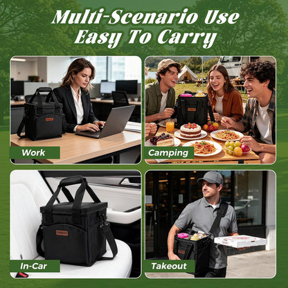 Reusable Drink Carrier with Handle, 4 Cup Capacity, Black | Foldable, reinforced bottom, multiple storage pockets, comes with shoulder strap and insulated lid