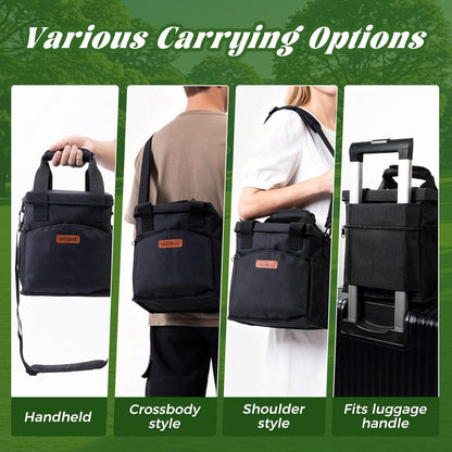 Reusable Drink Carrier with Handle, 4 Cup Capacity, Black | Foldable, reinforced bottom, multiple storage pockets, comes with shoulder strap and insulated lid