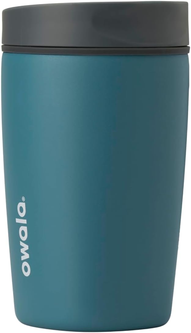 SmoothSip Slider Insulated Stainless Steel Coffee Tumbler, Reusable Iced Coffee Cup, Hot Coffee Travel Mug, BPA Free 20 oz, Grey/Blue (High Dive)