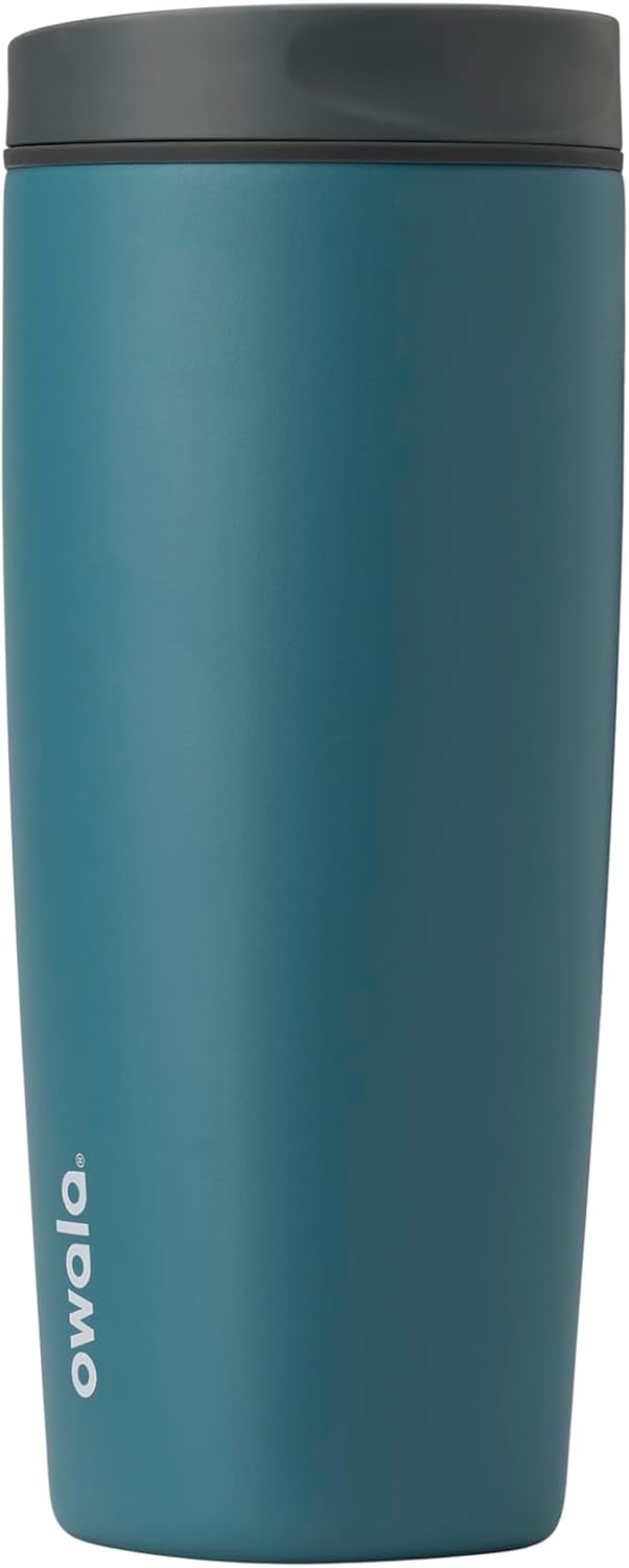 SmoothSip Slider Insulated Stainless Steel Coffee Tumbler, Reusable Iced Coffee Cup, Hot Coffee Travel Mug, BPA Free 20 oz, Grey/Blue (High Dive)