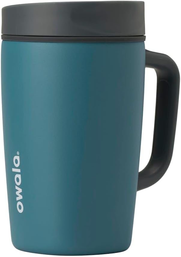 SmoothSip Slider Insulated Stainless Steel Coffee Tumbler, Reusable Iced Coffee Cup, Hot Coffee Travel Mug, BPA Free 20 oz, Grey/Blue (High Dive)